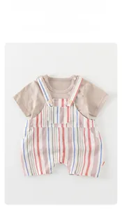 Macro detail of toddler striped overalls showing decorative pocket and button closures