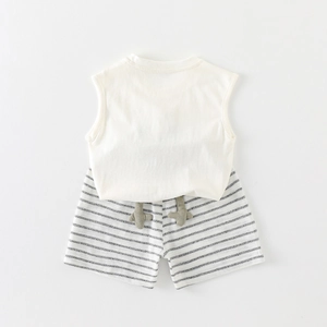 Toddler summer cotton clothing set with white tank top and gray striped shorts