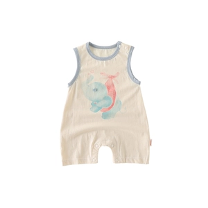 Sleeveless cotton baby romper with cute elephant print and blue trim on white background
