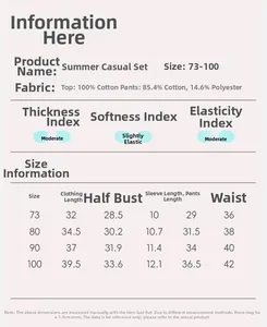 Size chart detail for toddler summer cotton outfit set with measurements and fabric data