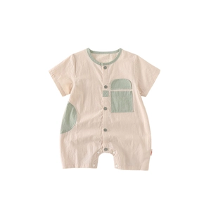Short sleeve baby romper in pink and sage green made of soft organic cotton fabric