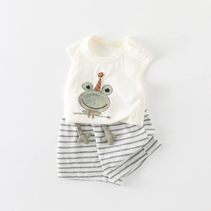 Infant cotton summer set featuring a beige sleeveless frog print tee and striped shorts