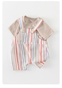 Close-up of baby striped overalls with a light brown tee and button details