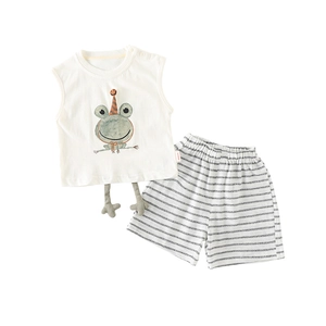 Toddler summer set with white cartoon frog tank top and grey striped shorts