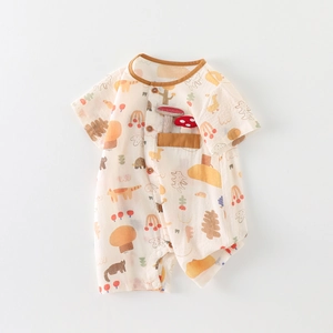 Newborn Baby Summer Short Sleeve Cotton Romper Breathable Cartoon Mushroom Print Infant One Piece Jumpsuit Class A Clothes