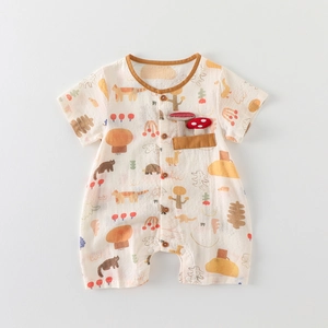 Short sleeve baby cotton romper with woodland prints and mushroom embroidery detail