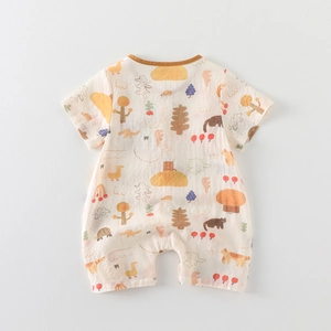Short sleeve cotton baby romper with cute colorful animal prints on a cream background