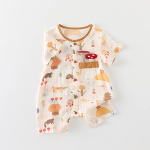 Short sleeve baby cotton romper with cartoon mushroom print and wood buttons