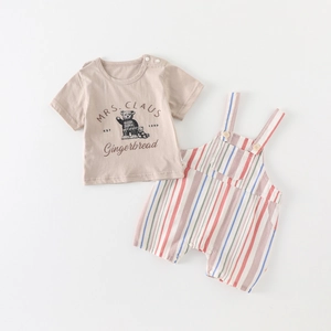Toddler Boys Summer 2 Piece Outfit Set Bear Print Cotton T-Shirt And Multi Color Striped Overalls Shorts Casual Baby Clothes