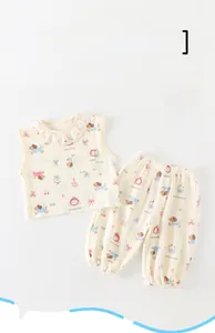 Detail of A-class breathable cotton gauze baby summer set with cute puppy and cherry prints