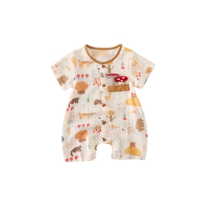 Short sleeve cotton baby romper with cute hand-drawn cartoon patterns on off-white fabric