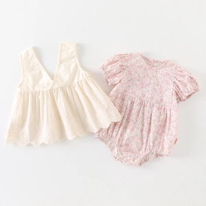 Grenouillère à Manches Courtes Florale pour Bébé Fille Avec Broderie Coton Combinaison d'été Tenue Princesse Pastorale
