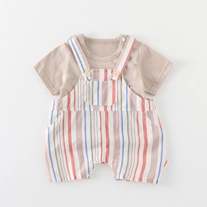 Infant boy summer two-piece outfit featuring striped suspender shorts and casual t-shirt
