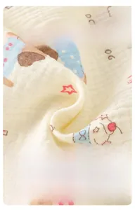 Detailed macro view of soft double-layer cotton gauze fabric with cute bear patterns
