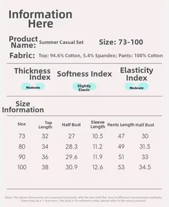 Size chart showing fabric composition and measurements for baby cotton summer suit
