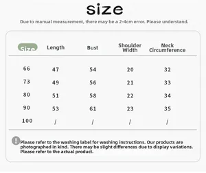 Detailed size chart for baby cotton romper showing length, bust, and shoulder measurements