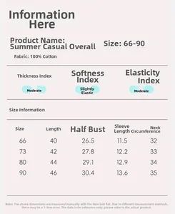 Size chart for cotton baby bodysuit showing length, chest, and sleeve measurements