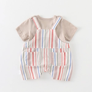 Infant two-piece set featuring short-sleeved t-shirt and striped cotton overalls for boys