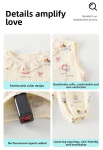 Detail view of cotton baby suit showing lace collar, elastic cuffs and zero fluorescence test