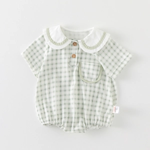 Summer Baby Plaid Short Sleeve Romper Breathable Cotton Peter Pan Collar Bodysuit For Newborn Infant Boys Girls Clothes