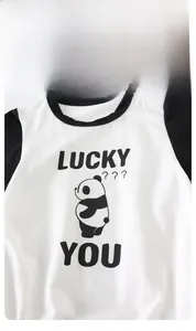 Close-up of baby panda printed bodysuit with shoulder snaps and soft cotton fabric