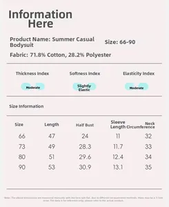 Size chart for baby summer cotton romper showing length, chest, and sleeve measurements