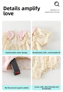 Détails de barboteuse bébé à fleurs montrant le col et le tissu en coton sécurisé