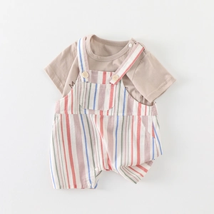 Infant boy summer outfit featuring khaki t-shirt and multi-color striped overalls set