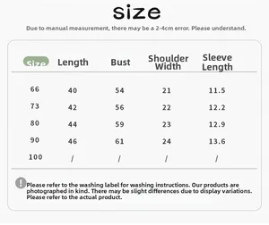 Detailed size chart for cotton baby bodysuit showing length, chest, and shoulder dimensions