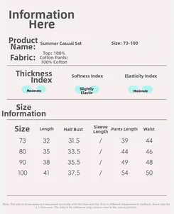Detailed size chart for baby cotton summer set showing measurements for sizes 73 to 100