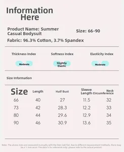 Detailed size chart for baby cotton short sleeve romper with measurements and fabric data