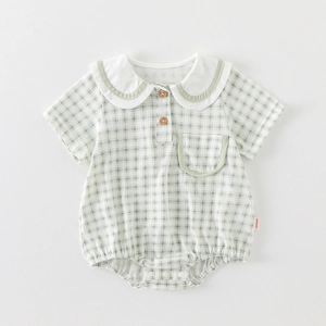 Infant summer short sleeve romper with green gingham pattern and white Peter Pan collar