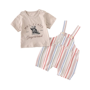 Baby boy summer set with striped overalls and bear print short sleeve t-shirt