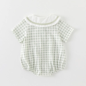 Infant short sleeve romper with green plaid pattern and white sailor collar for summer