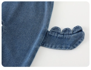 Vue détaillée d'une tenue en jean bleu pour enfant avec décors en tissu de dinosaure