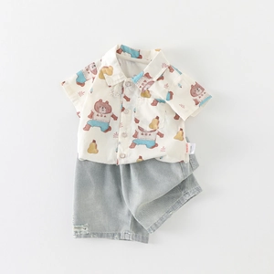 Toddler boys summer cotton set featuring cartoon bear cream shirt and denim shorts