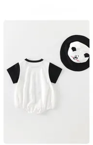 Detail view of panda baby bodysuit set including a contrast trim romper and matching hat