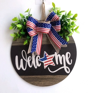Patriotic Independence Day Welcome Sign American Flag Wooden Door Wreath With Burlap Bow And Greenery For Home Decor