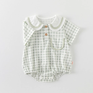 Infant plaid romper in light green with a decorative sailor collar and front buttons