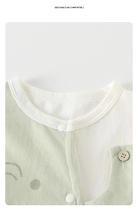 Detail view of baby bodysuit neckline featuring breathable cotton and snap button closure