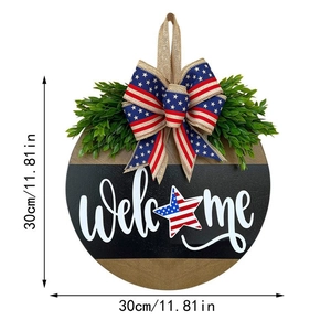Detailed size view of a 30cm wooden welcome sign with American flag bow and greenery