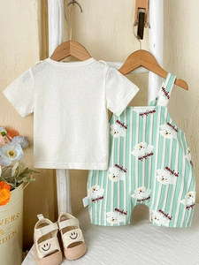 Baby boy girl summer set featuring white T-shirt and green striped dog print overalls