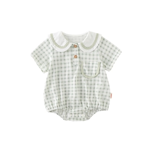 Short sleeve baby romper in green plaid cotton with Peter Pan collar and wood buttons