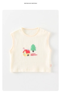 Detail of baby summer vest made of breathable cream cotton crepe with house print