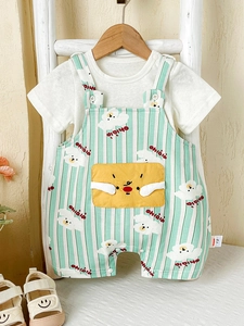 Cute baby summer outfit featuring a white T-shirt and mint green striped overalls set