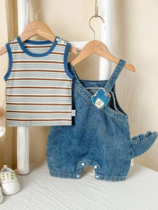 Vêtements d'Été pour Nourrisson Tenue à Bretelles en Denim Dinosaure Haut à Rayures sans Manches à Manches Longues en Coton Casual