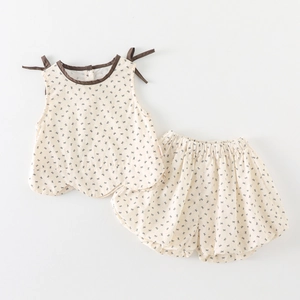 Baby Girls Summer Cotton Sleeveless Top And Shorts Set Floral Bow Print Outing Clothes Soft Breathable Boutique Outfit