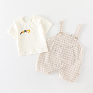 Baby Summer Clothing Set Infant Short Sleeve Cotton T-Shirt And Gingham Bear Suspender Shorts Two Piece Outfit For Toddler