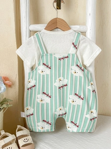 Cute infant summer set with white t-shirt and mint green striped bear overalls