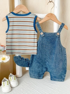 Ensemble salopette en jean dinosaure pour bébé avec débardeur en coton rayé été